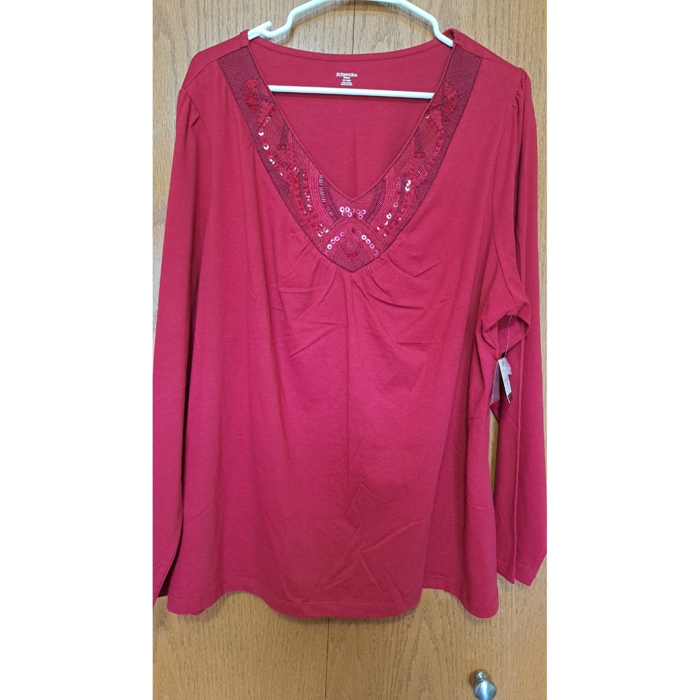 St. John's Bay Women's Cotton Red  Top Blouse 2X Ornate Beaded Sequined Collar